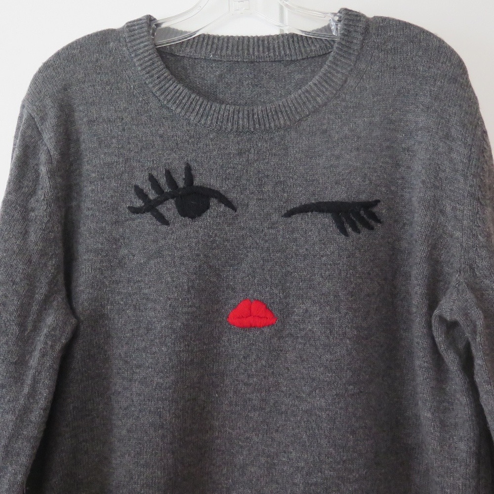 Kate Spade Winking Face Heather Grey Pullover Sweater, XL